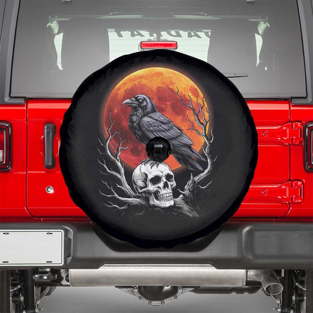 Gothic Raven on Skull Blood Moon Spare Tire Cover Spooky Halloween Macabre Dark Art Graphic TS02 Black Print Your Wear