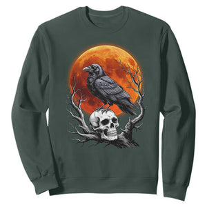 Gothic Raven on Skull Blood Moon Sweatshirt Spooky Halloween Macabre Dark Art Graphic TS02 Dark Forest Green Print Your Wear