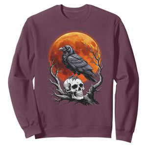 Gothic Raven on Skull Blood Moon Sweatshirt Spooky Halloween Macabre Dark Art Graphic TS02 Maroon Print Your Wear