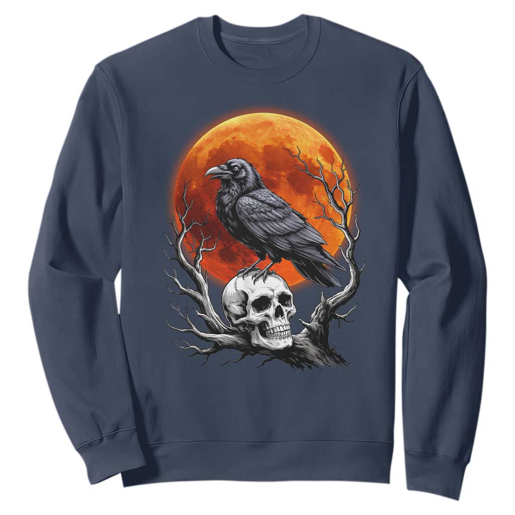 Gothic Raven on Skull Blood Moon Sweatshirt Spooky Halloween Macabre Dark Art Graphic TS02 Navy Print Your Wear