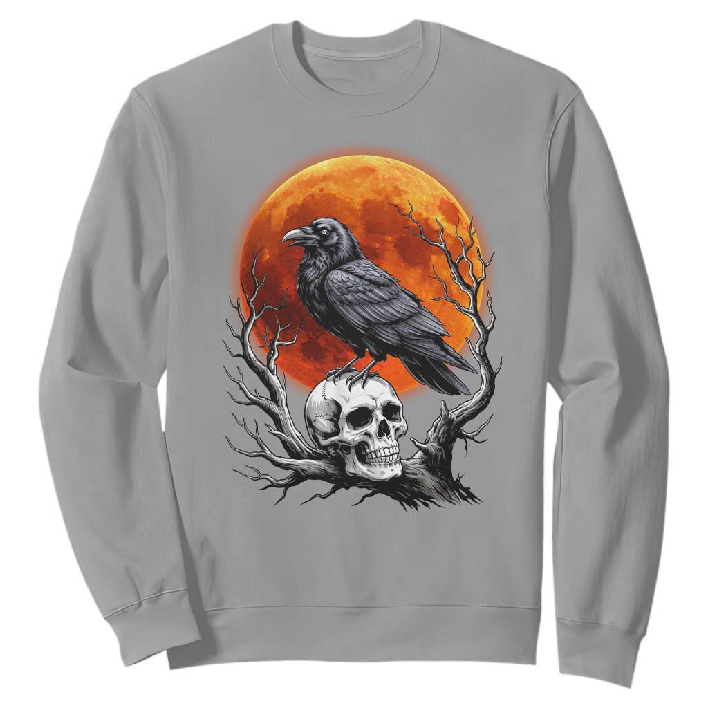 Gothic Raven on Skull Blood Moon Sweatshirt Spooky Halloween Macabre Dark Art Graphic TS02 Sport Gray Print Your Wear