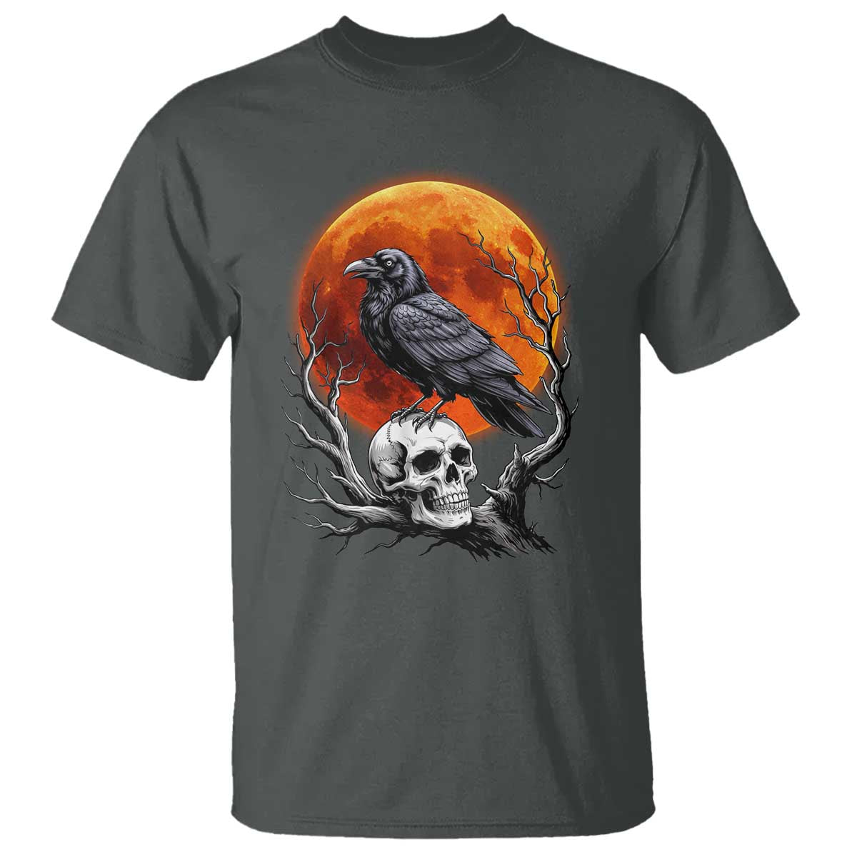 Gothic Raven on Skull Blood Moon T Shirt Spooky Halloween Macabre Dark Art Graphic TS02 Dark Heather Print Your Wear