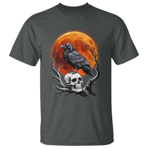 Gothic Raven on Skull Blood Moon T Shirt Spooky Halloween Macabre Dark Art Graphic TS02 Dark Heather Print Your Wear