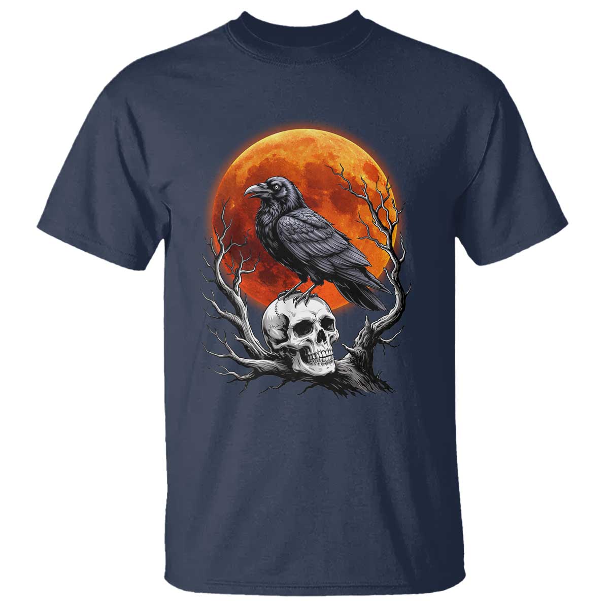 Gothic Raven on Skull Blood Moon T Shirt Spooky Halloween Macabre Dark Art Graphic TS02 Navy Print Your Wear