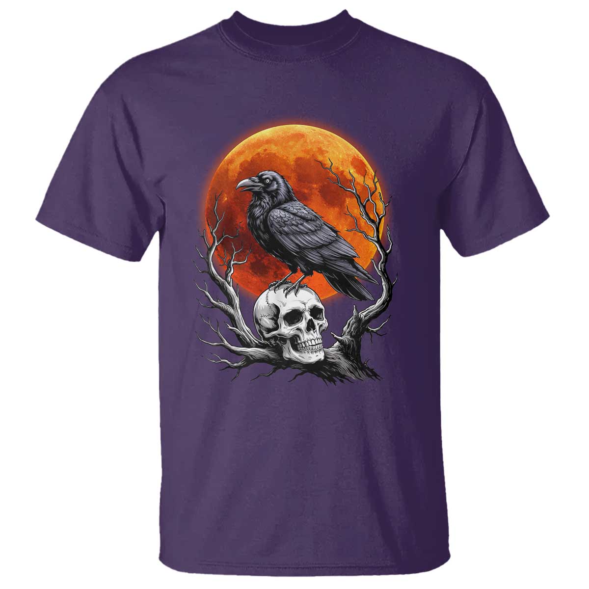Gothic Raven on Skull Blood Moon T Shirt Spooky Halloween Macabre Dark Art Graphic TS02 Purple Print Your Wear