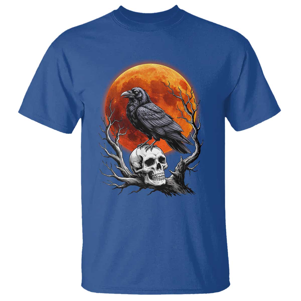 Gothic Raven on Skull Blood Moon T Shirt Spooky Halloween Macabre Dark Art Graphic TS02 Royal Blue Print Your Wear
