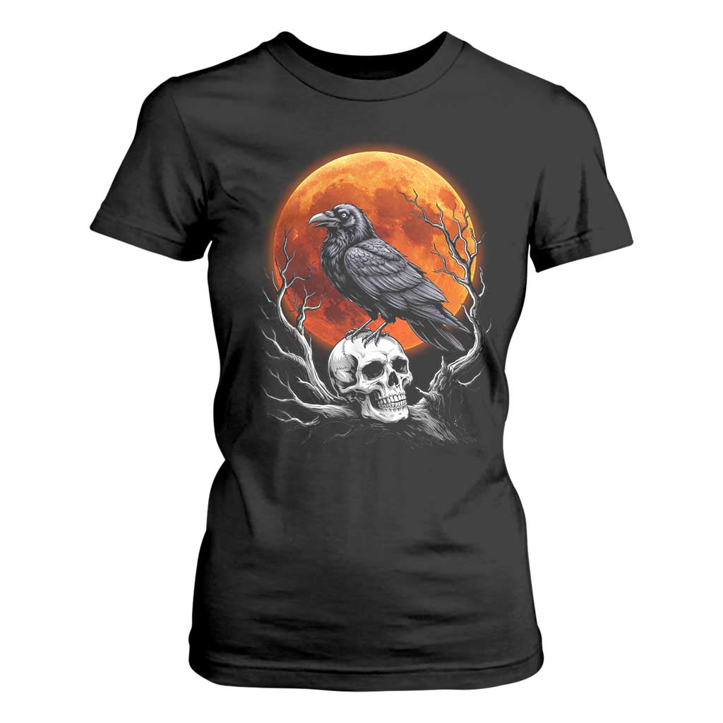 Gothic Raven on Skull Blood Moon T Shirt For Women Spooky Halloween Macabre Dark Art Graphic TS02 Black Print Your Wear