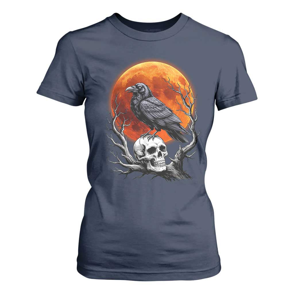 Gothic Raven on Skull Blood Moon T Shirt For Women Spooky Halloween Macabre Dark Art Graphic TS02 Navy Print Your Wear