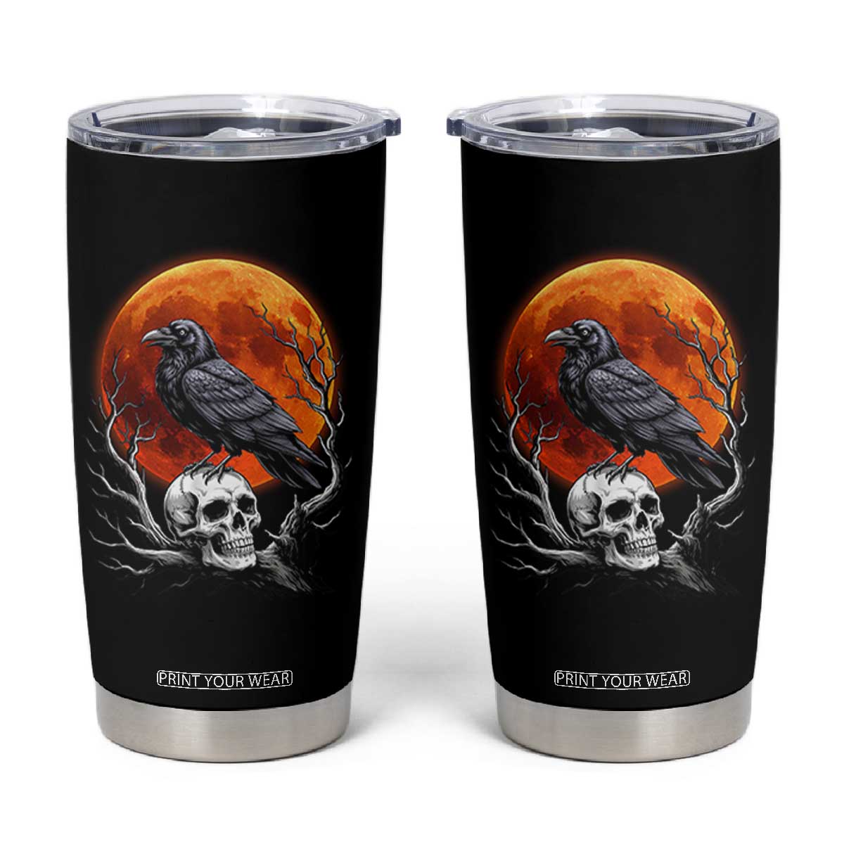 Gothic Raven on Skull Blood Moon Tumbler Cup Spooky Halloween Macabre Dark Art Graphic TS02 Black Print Your Wear