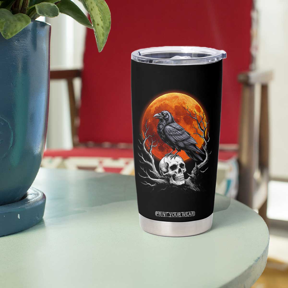 Gothic Raven on Skull Blood Moon Tumbler Cup Spooky Halloween Macabre Dark Art Graphic TS02 Print Your Wear
