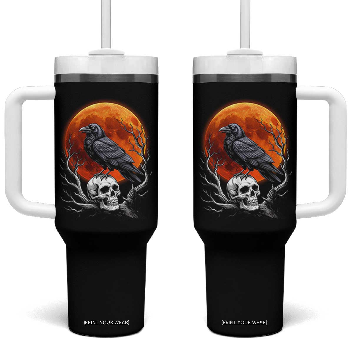 Gothic Raven on Skull Blood Moon Tumbler With Handle Spooky Halloween Macabre Dark Art Graphic TS02 One Size: 40 oz Black Print Your Wear