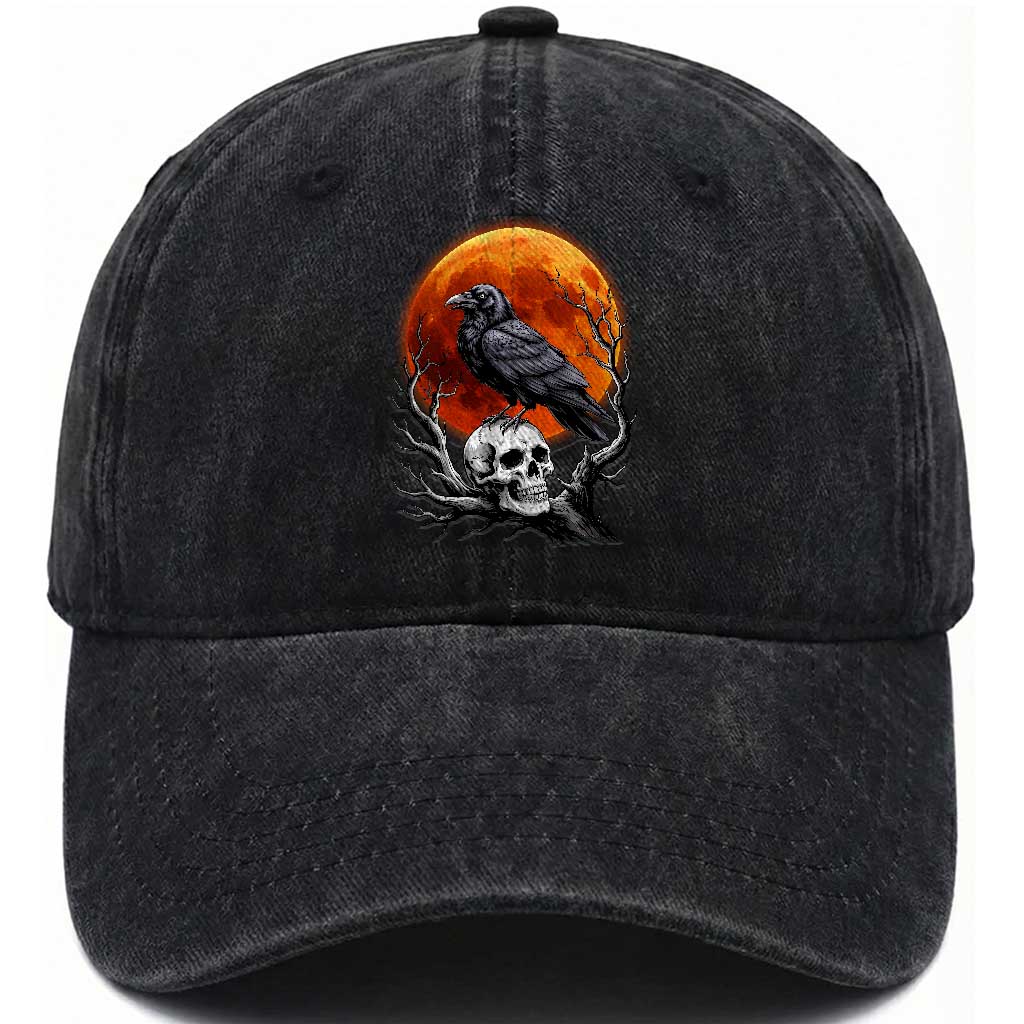 Gothic Raven on Skull Blood Moon Washed Cotton Baseball Cap Spooky Halloween Macabre Dark Art Graphic TS02 Print Your Wear