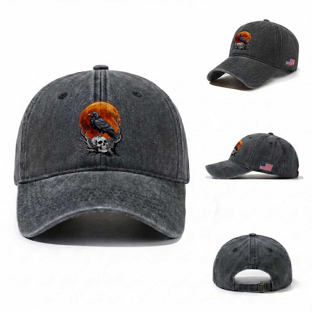 Gothic Raven on Skull Blood Moon Washed Cotton Baseball Cap Spooky Halloween Macabre Dark Art Graphic TS02 Washed Cap Universal Fit Dark Gray Print Your Wear