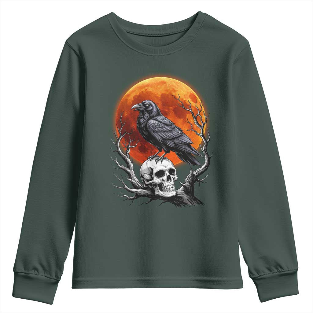 Gothic Raven on Skull Blood Moon Youth Sweatshirt Spooky Halloween Macabre Dark Art Graphic TS02 Dark Forest Green Print Your Wear