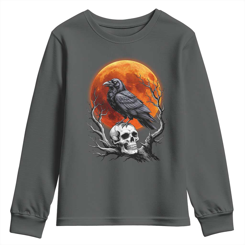 Gothic Raven on Skull Blood Moon Youth Sweatshirt Spooky Halloween Macabre Dark Art Graphic TS02 Dark Heather Print Your Wear