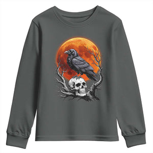 Gothic Raven on Skull Blood Moon Youth Sweatshirt Spooky Halloween Macabre Dark Art Graphic TS02 Dark Heather Print Your Wear