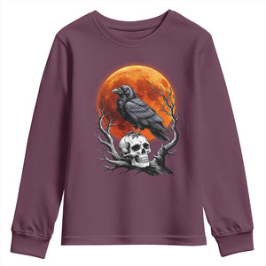 Gothic Raven on Skull Blood Moon Youth Sweatshirt Spooky Halloween Macabre Dark Art Graphic TS02 Maroon Print Your Wear