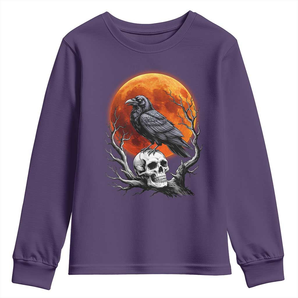 Gothic Raven on Skull Blood Moon Youth Sweatshirt Spooky Halloween Macabre Dark Art Graphic TS02 Purple Print Your Wear