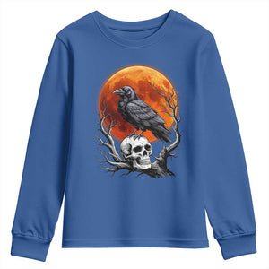 Gothic Raven on Skull Blood Moon Youth Sweatshirt Spooky Halloween Macabre Dark Art Graphic TS02 Royal Blue Print Your Wear