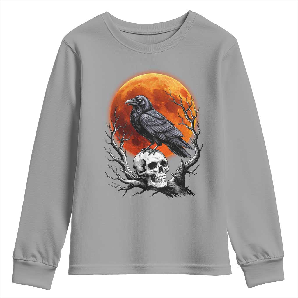 Gothic Raven on Skull Blood Moon Youth Sweatshirt Spooky Halloween Macabre Dark Art Graphic TS02 Sport Gray Print Your Wear