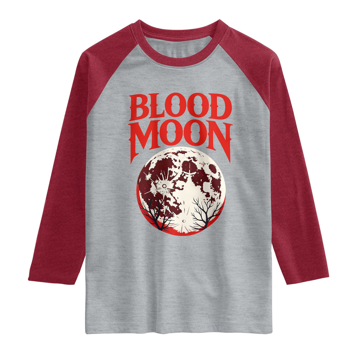 Retro Blood Moon Graphic Raglan Shirt Mystic Celestial Gothic Astronomy Art TS02 Heather Gray Heather Red Print Your Wear