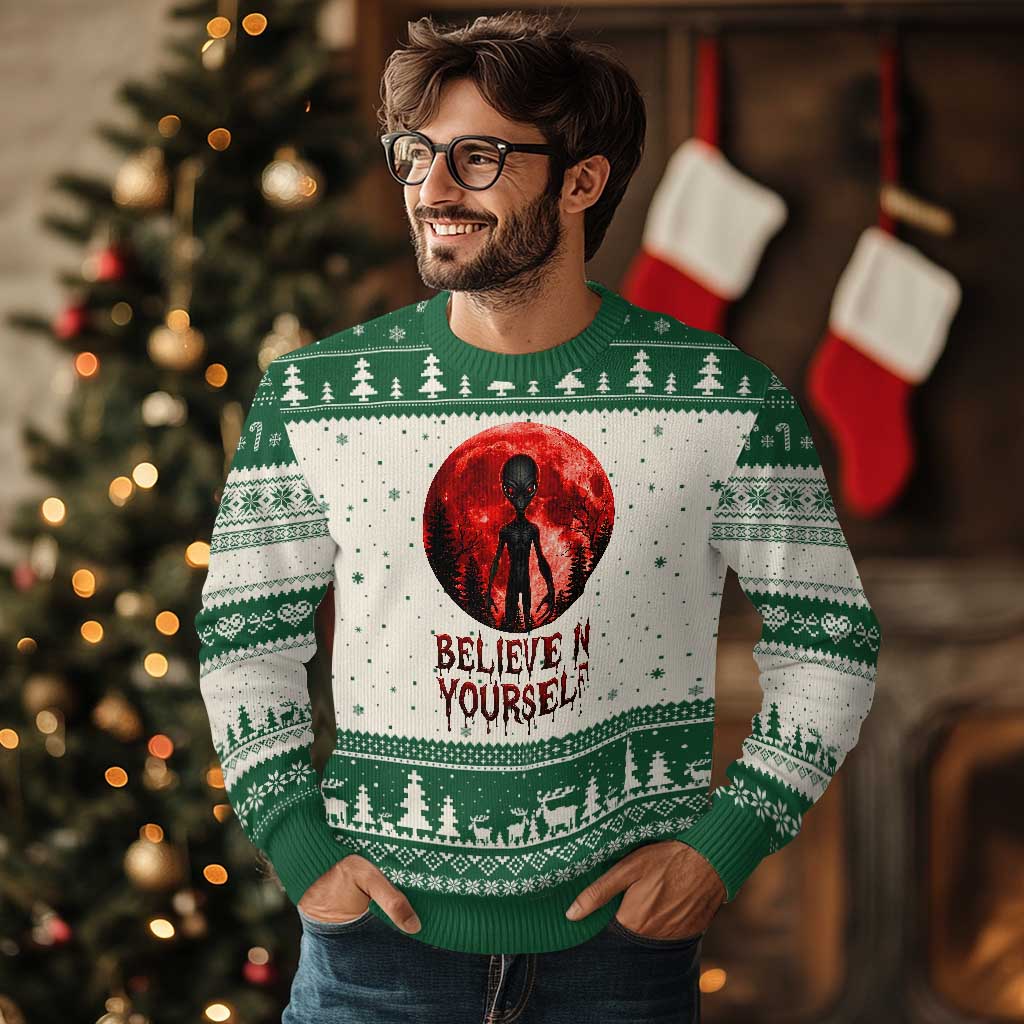 Creepy Alien Believe In Yourself Ugly Christmas Sweater Funny Blood Moon Sci-Fi Horror Graphic TS02 Beige Green Print Your Wear