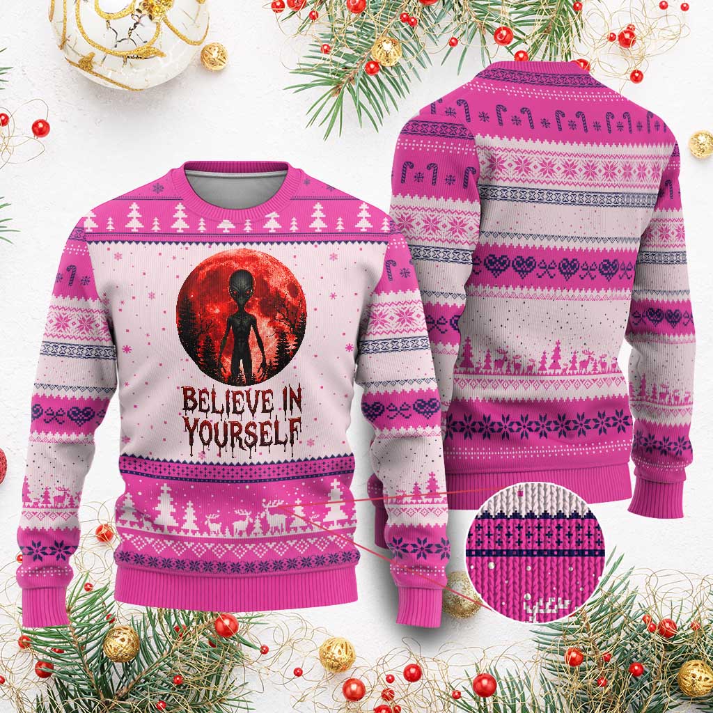 Creepy Alien Believe In Yourself Ugly Christmas Sweater Funny Blood Moon Sci-Fi Horror Graphic TS02 Hot Pink Print Your Wear