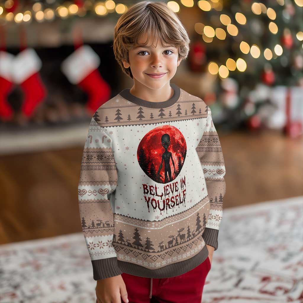 Creepy Alien Believe In Yourself Ugly Christmas Sweater Funny Blood Moon Sci-Fi Horror Graphic TS02 Mocha Mousse Print Your Wear