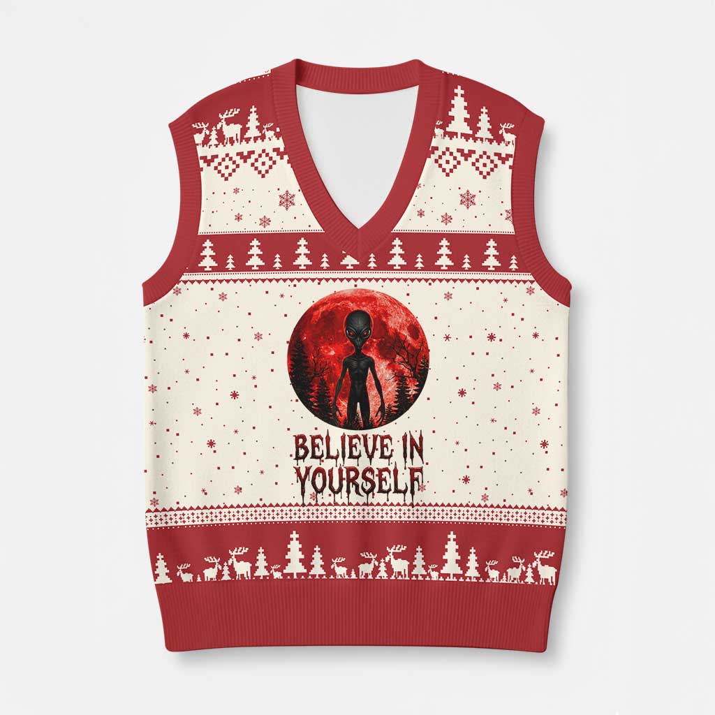 Creepy Alien Believe In Yourself V-Neck Knit Sweater Vest Funny Blood Moon Sci-Fi Horror Graphic TS02 Beige Red Print Your Wear