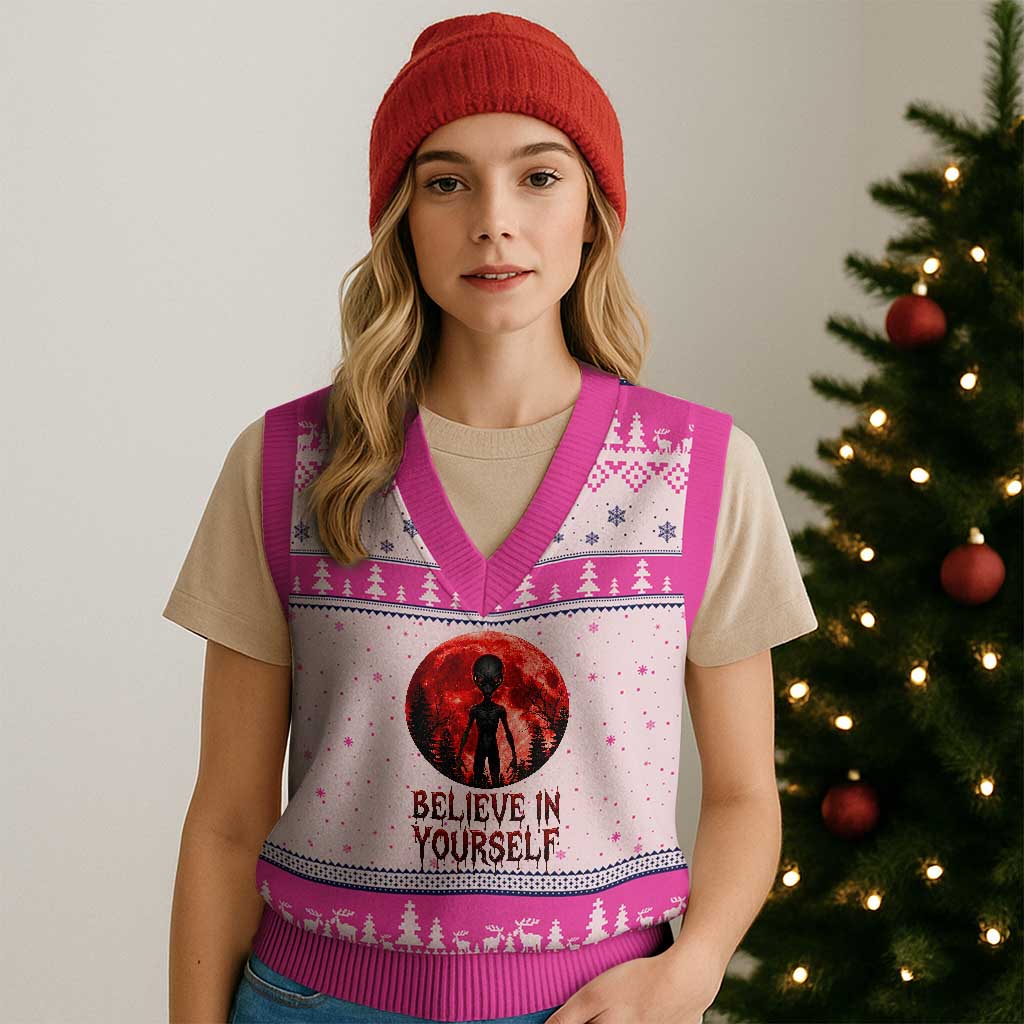 Creepy Alien Believe In Yourself V-Neck Knit Sweater Vest Funny Blood Moon Sci-Fi Horror Graphic TS02 Hot Pink Print Your Wear