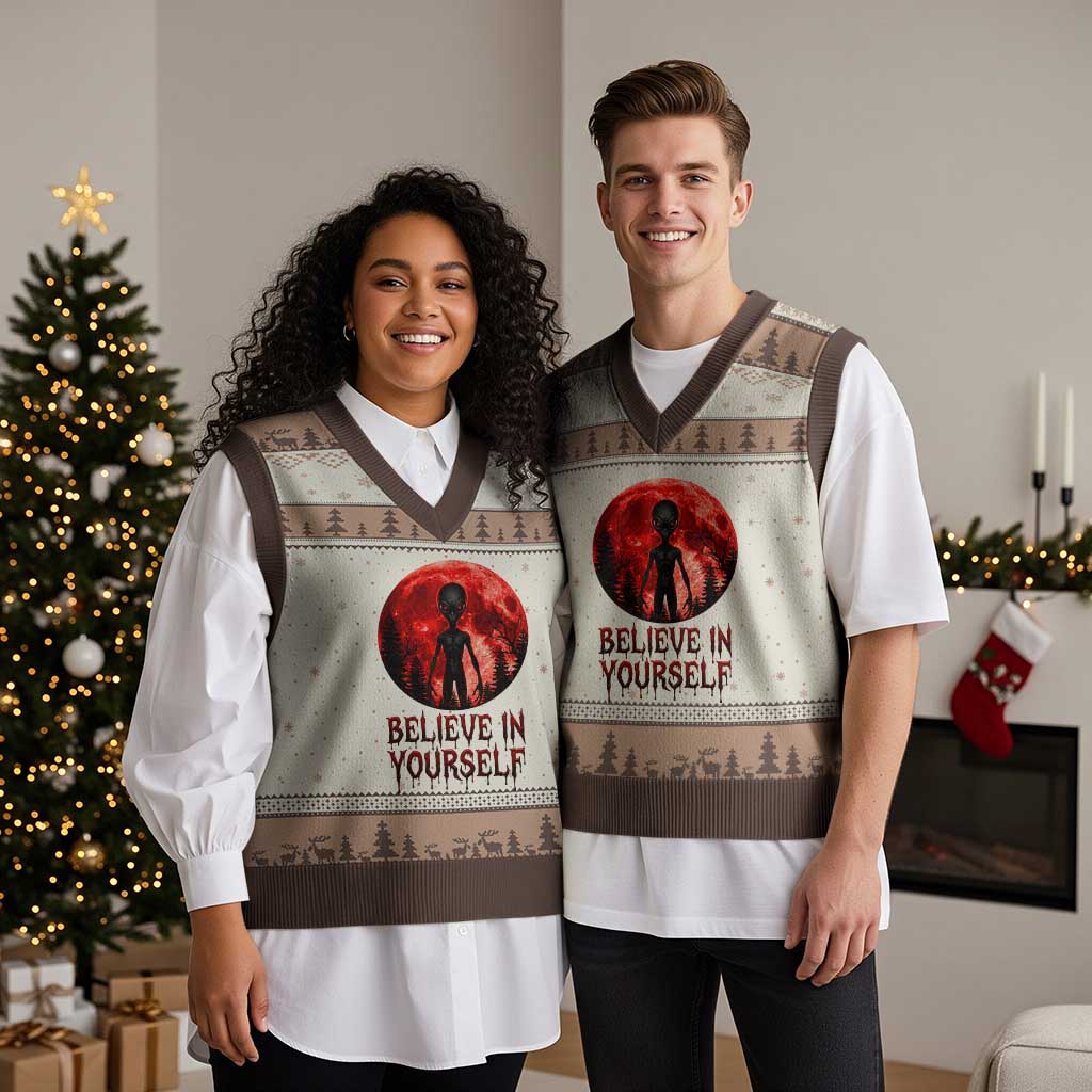 Creepy Alien Believe In Yourself V-Neck Knit Sweater Vest Funny Blood Moon Sci-Fi Horror Graphic TS02 Mocha Mousse Print Your Wear