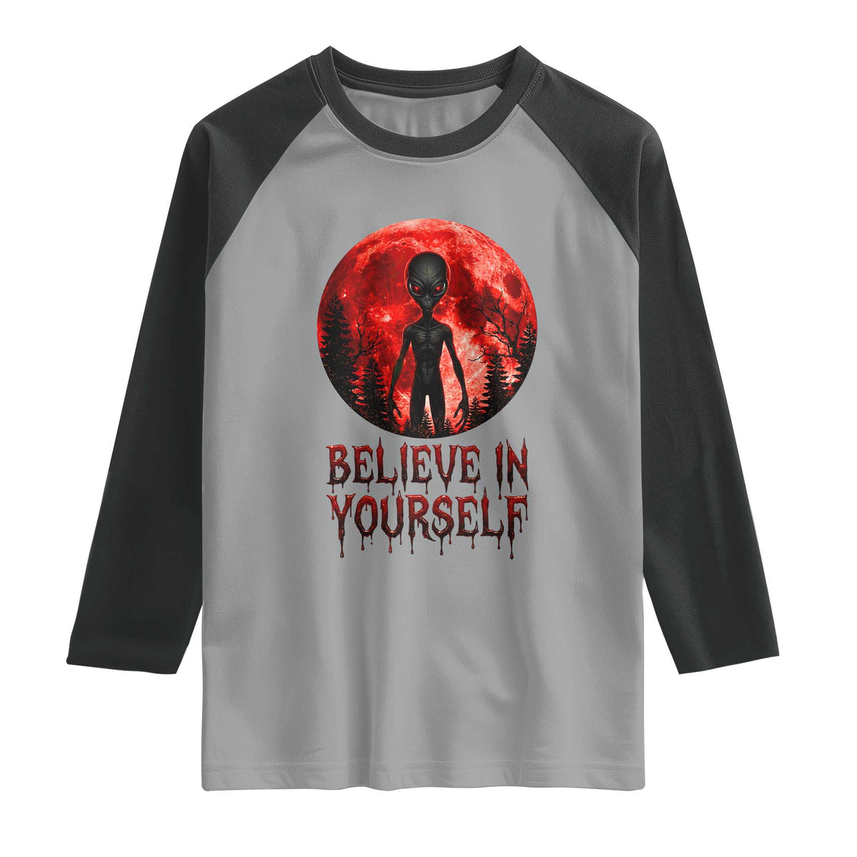 Creepy Alien Believe In Yourself Raglan Shirt Funny Blood Moon Sci-Fi Horror Graphic TS02 Sport Gray Black Print Your Wear