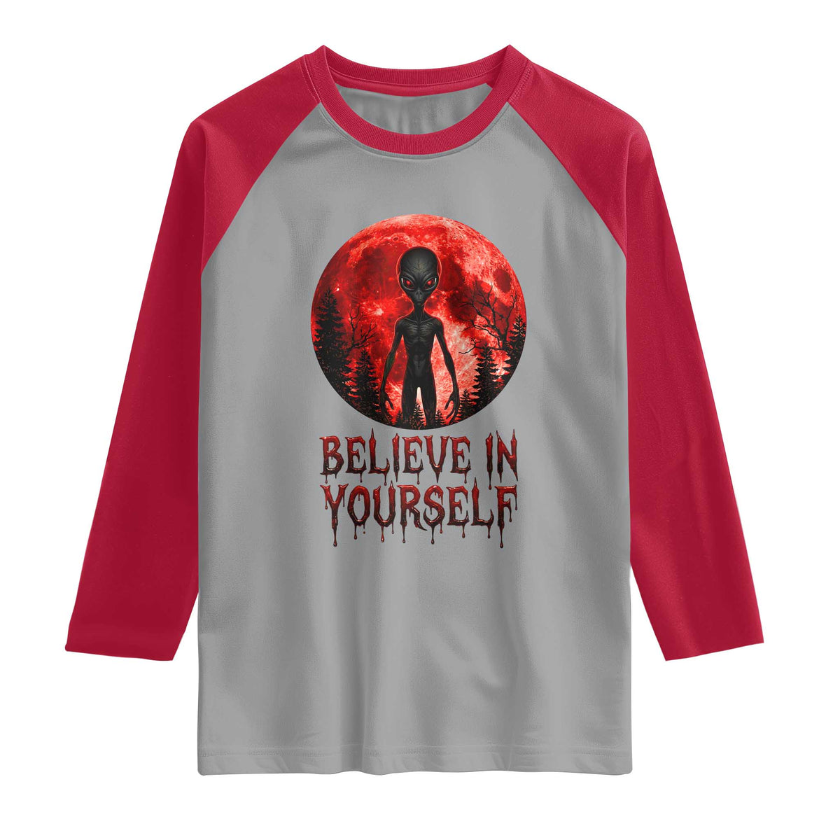 Creepy Alien Believe In Yourself Raglan Shirt Funny Blood Moon Sci-Fi Horror Graphic TS02 Sport Gray Red Print Your Wear