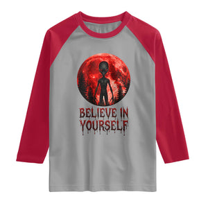 Creepy Alien Believe In Yourself Raglan Shirt Funny Blood Moon Sci-Fi Horror Graphic TS02 Sport Gray Red Print Your Wear