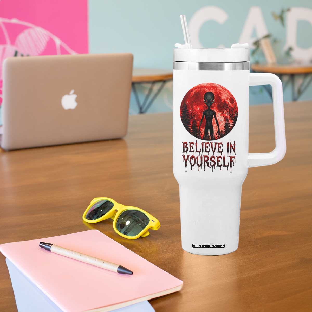 Creepy Alien Believe In Yourself Tumbler With Handle Funny Blood Moon Sci-Fi Horror Graphic TS02 Print Your Wear
