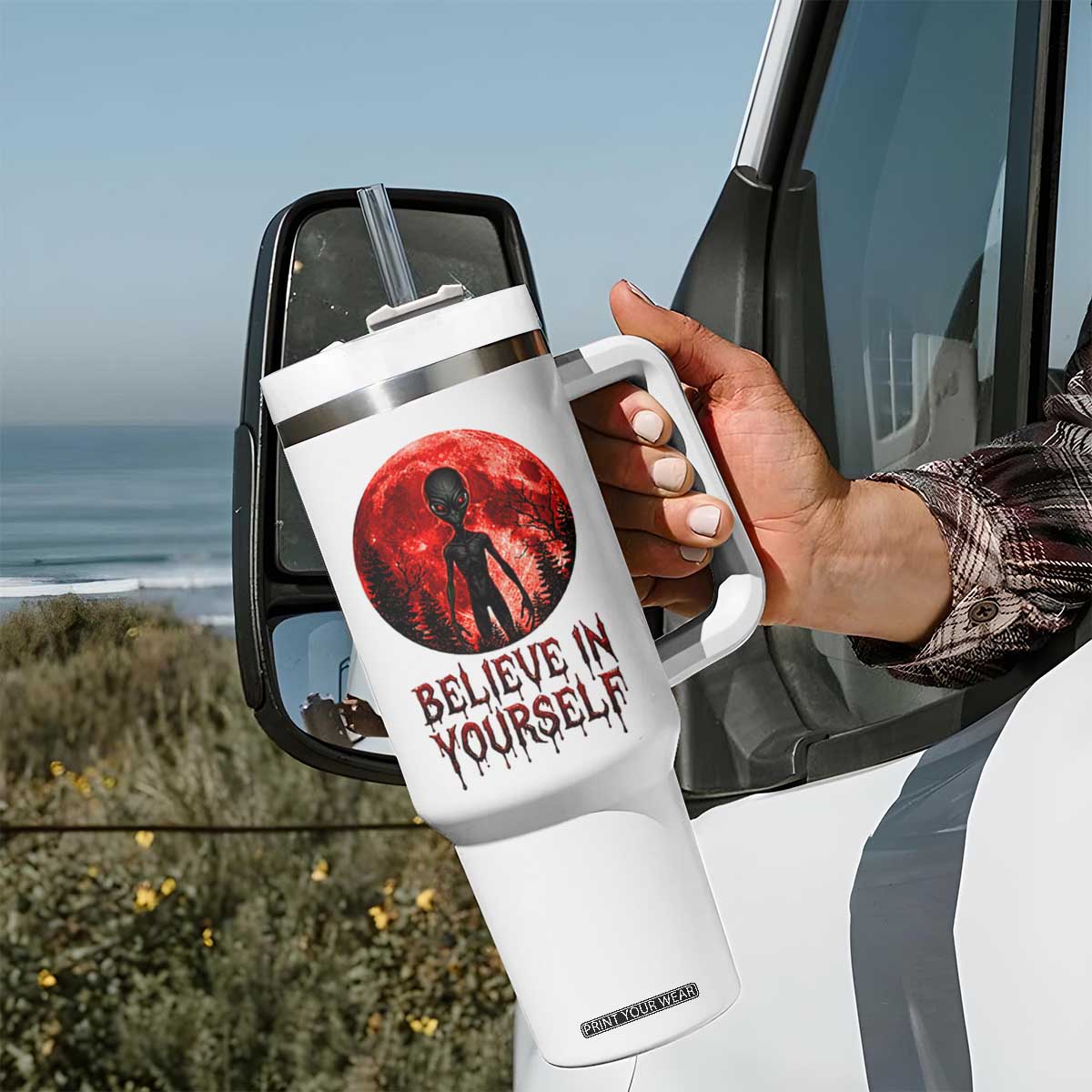 Creepy Alien Believe In Yourself Tumbler With Handle Funny Blood Moon Sci-Fi Horror Graphic TS02 Print Your Wear