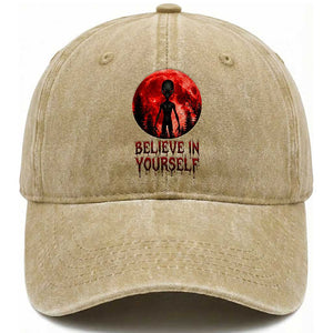 Creepy Alien Believe In Yourself Washed Cotton Baseball Cap Funny Blood Moon Sci-Fi Horror Graphic TS02 Print Your Wear