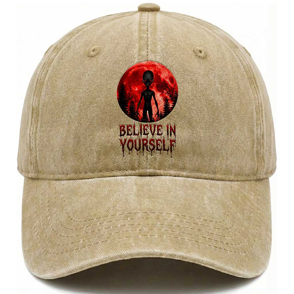 Creepy Alien Believe In Yourself Washed Cotton Baseball Cap Funny Blood Moon Sci-Fi Horror Graphic TS02 Print Your Wear