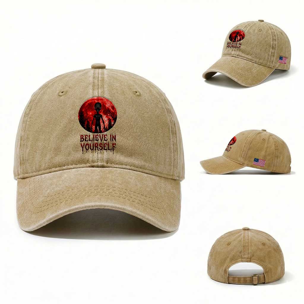 Creepy Alien Believe In Yourself Washed Cotton Baseball Cap Funny Blood Moon Sci-Fi Horror Graphic TS02 Washed Cap Universal Fit Khaki Print Your Wear