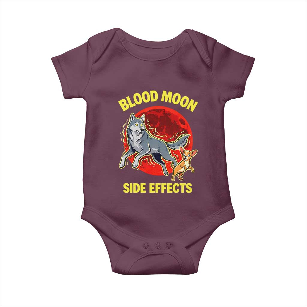 Funny Blood Moon Side Effects Wolf and Chihuahua Dog Humor Graphic Baby Onesie TS02 Maroon Print Your Wear