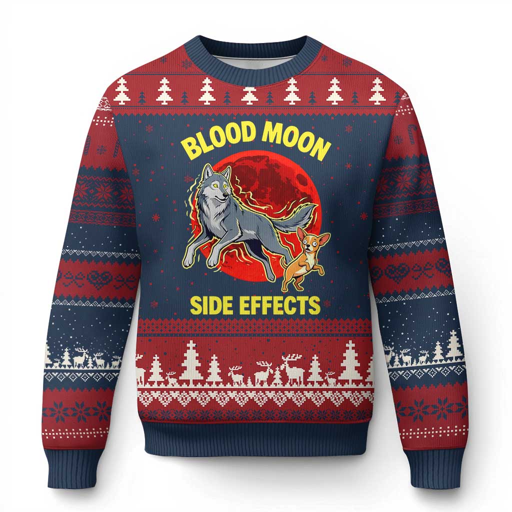 Funny Blood Moon Side Effects Wolf and Chihuahua Dog Humor Graphic Ugly Christmas Sweater TS02 Navy Red Print Your Wear
