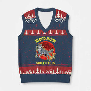 Funny Blood Moon Side Effects Wolf and Chihuahua Dog Humor Graphic V-Neck Knit Sweater Vest TS02 Navy Red Print Your Wear
