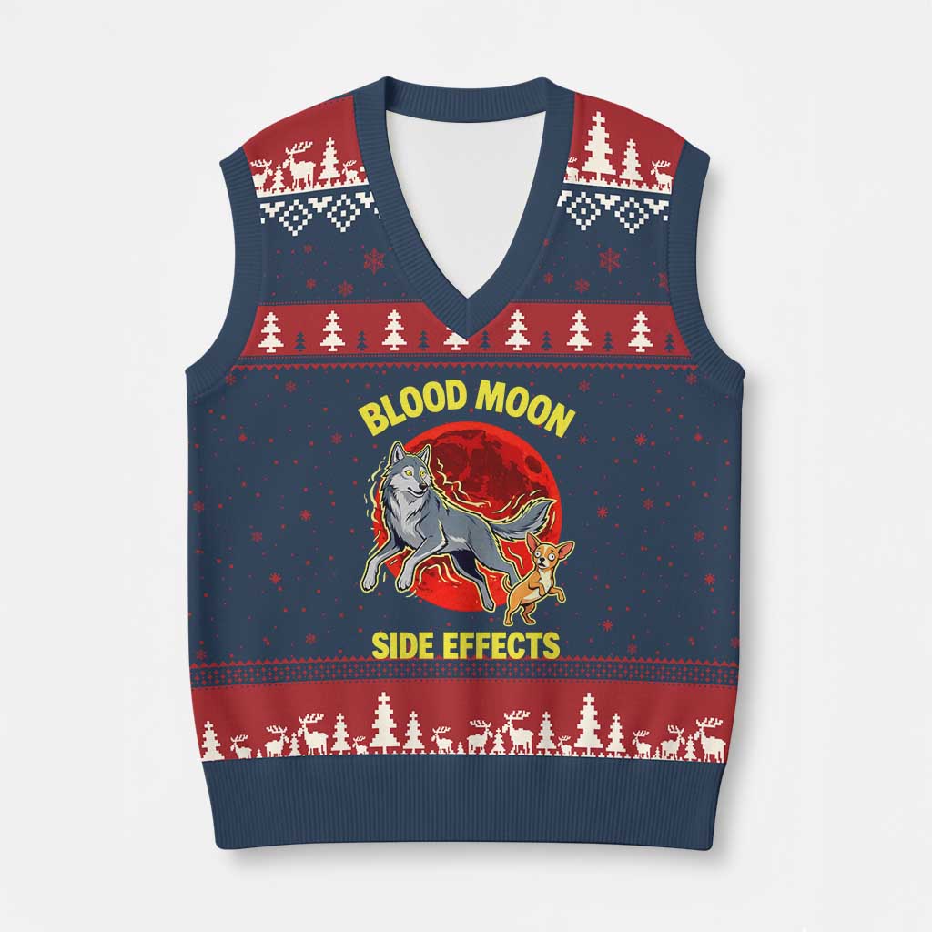 Funny Blood Moon Side Effects Wolf and Chihuahua Dog Humor Graphic V-Neck Knit Sweater Vest TS02 Navy Red Print Your Wear