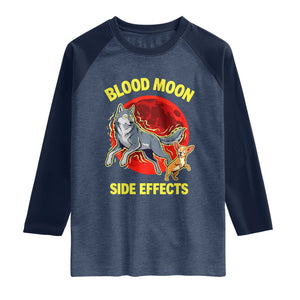 Funny Blood Moon Side Effects Wolf and Chihuahua Dog Humor Graphic Raglan Shirt TS02 Heather Denim Navy Print Your Wear