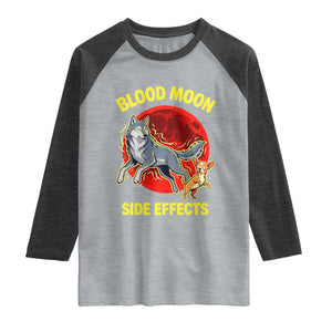 Funny Blood Moon Side Effects Wolf and Chihuahua Dog Humor Graphic Raglan Shirt TS02 Heather Gray Heather Charcoal Print Your Wear