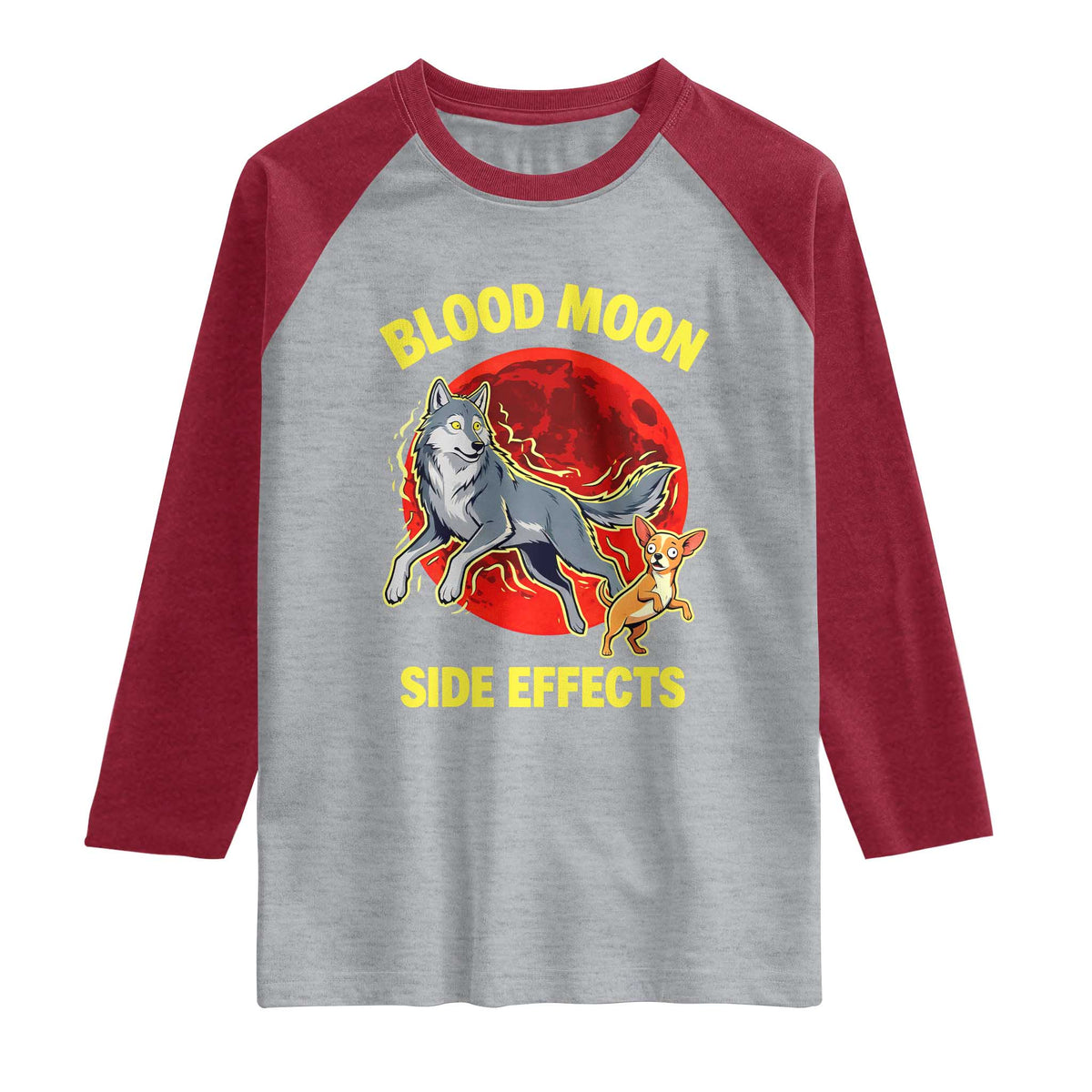 Funny Blood Moon Side Effects Wolf and Chihuahua Dog Humor Graphic Raglan Shirt TS02 Heather Gray Heather Red Print Your Wear