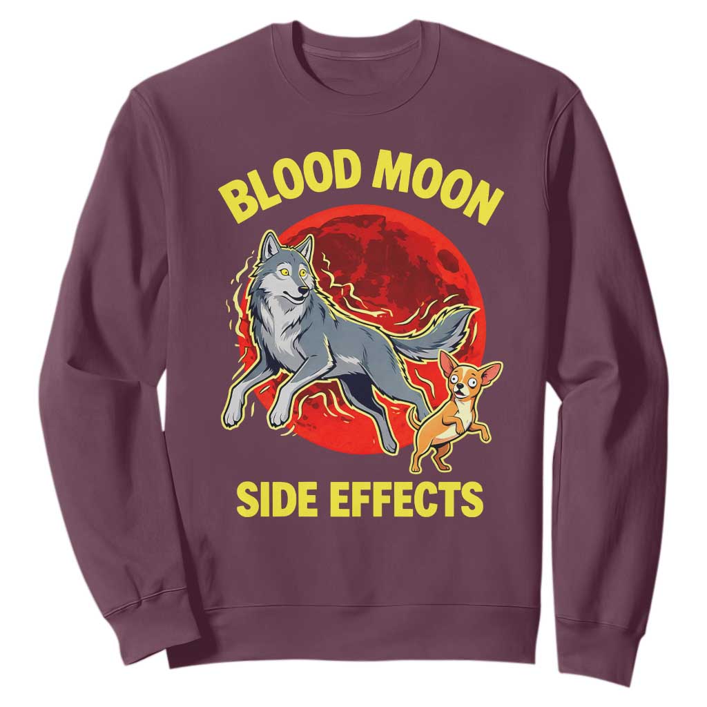 Funny Blood Moon Side Effects Wolf and Chihuahua Dog Humor Graphic Sweatshirt TS02 Maroon Print Your Wear