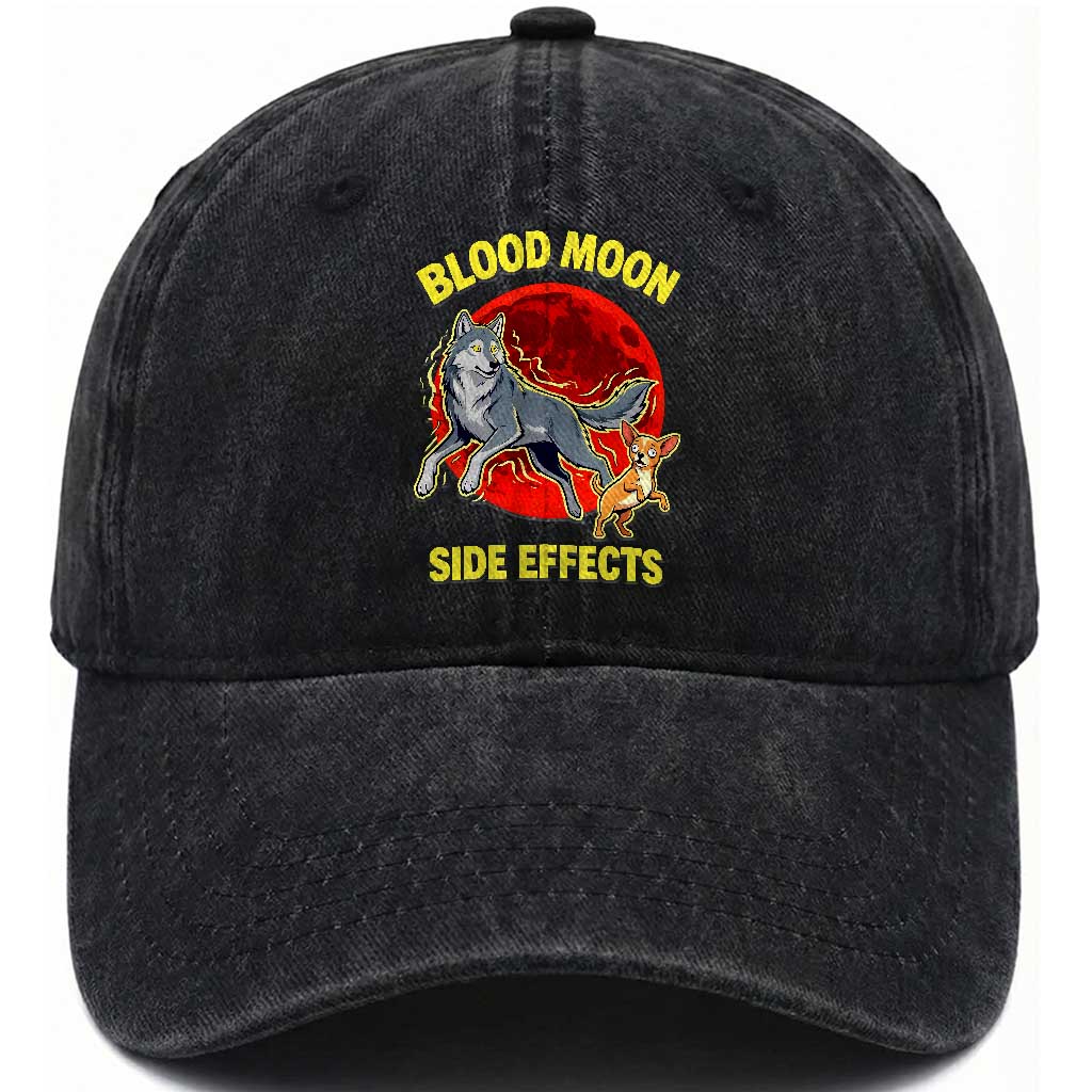 Funny Blood Moon Side Effects Wolf and Chihuahua Dog Humor Graphic Washed Cotton Baseball Cap TS02 Print Your Wear