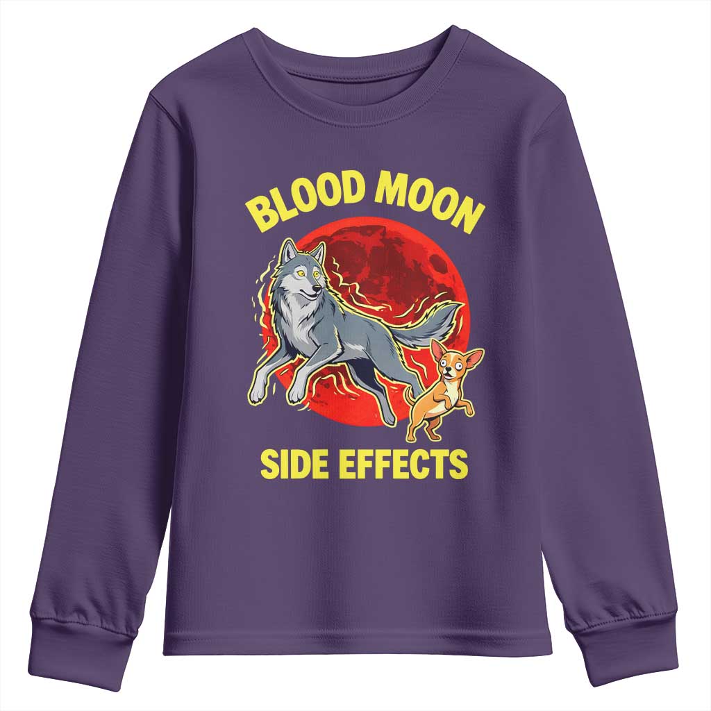 Funny Blood Moon Side Effects Wolf and Chihuahua Dog Humor Graphic Youth Sweatshirt TS02 Purple Print Your Wear