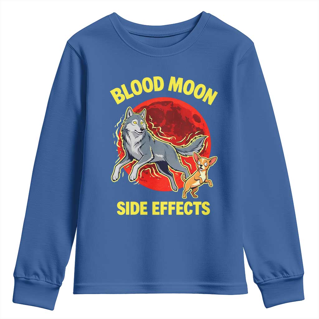 Funny Blood Moon Side Effects Wolf and Chihuahua Dog Humor Graphic Youth Sweatshirt TS02 Royal Blue Print Your Wear